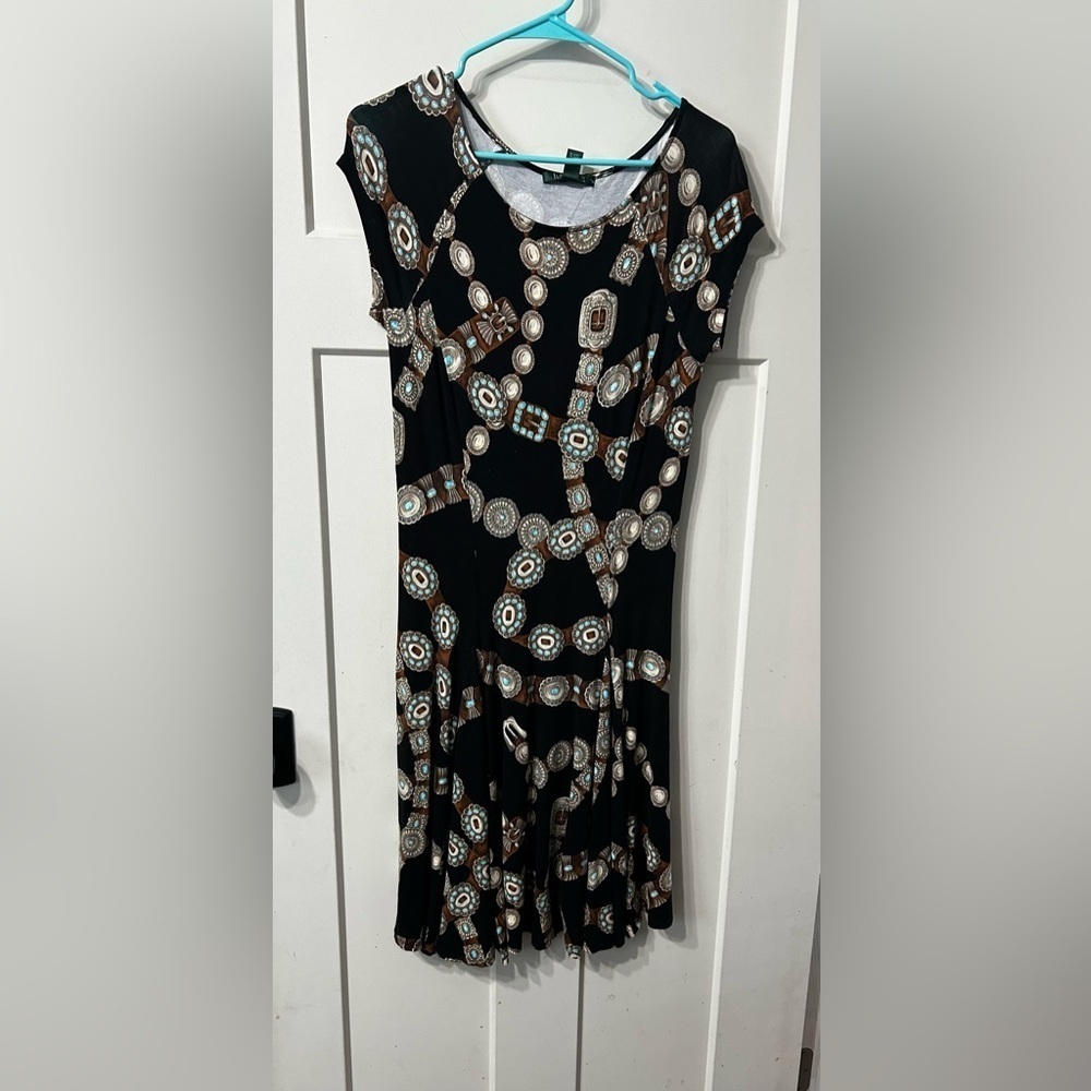 Ralph Lauren Black Dress flare Western Belt Brown & Turquoise silver Pattern